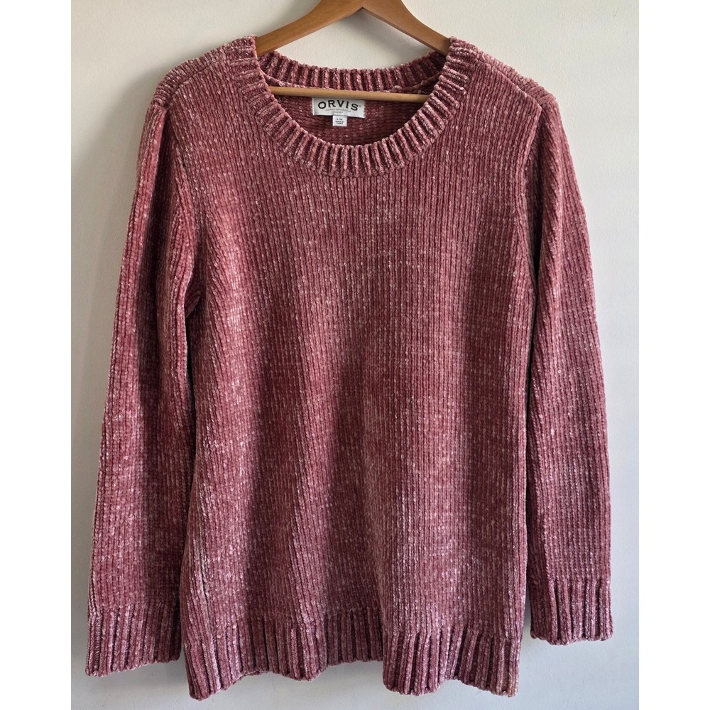 Orvis Chenille Knit Sweater Women Large Dusty Rose Ribbed Crew Neck Soft Cozy